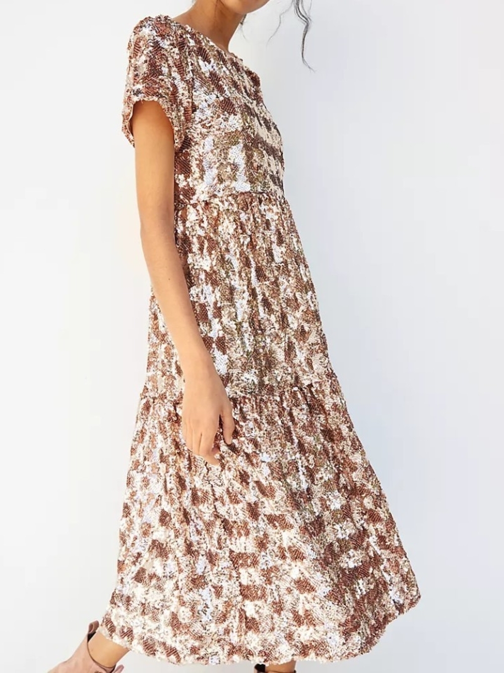 Maeve Brown & White Floral Textured Midi Dress